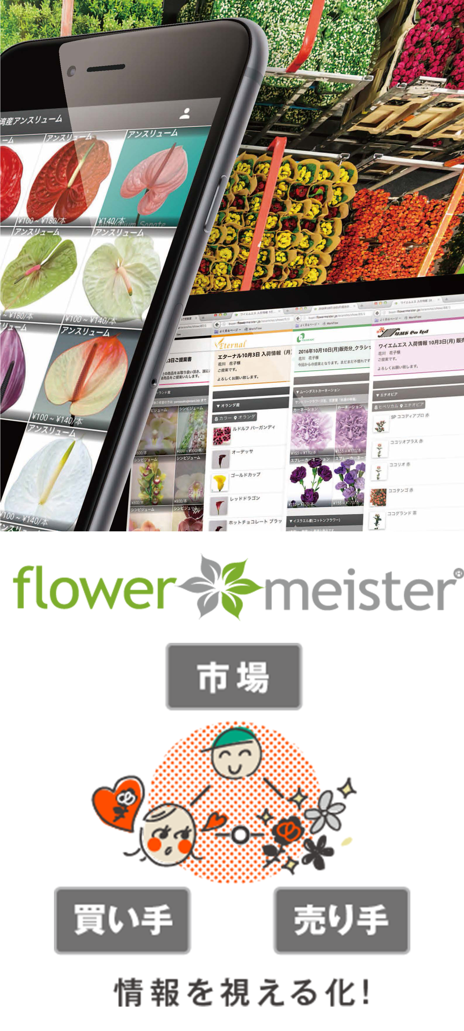 フラワーマイスターのWEB、スマホアプリケーションイメージ画像、フラワーマイスターのロゴ、フラワーマイスターのイメージイラスト